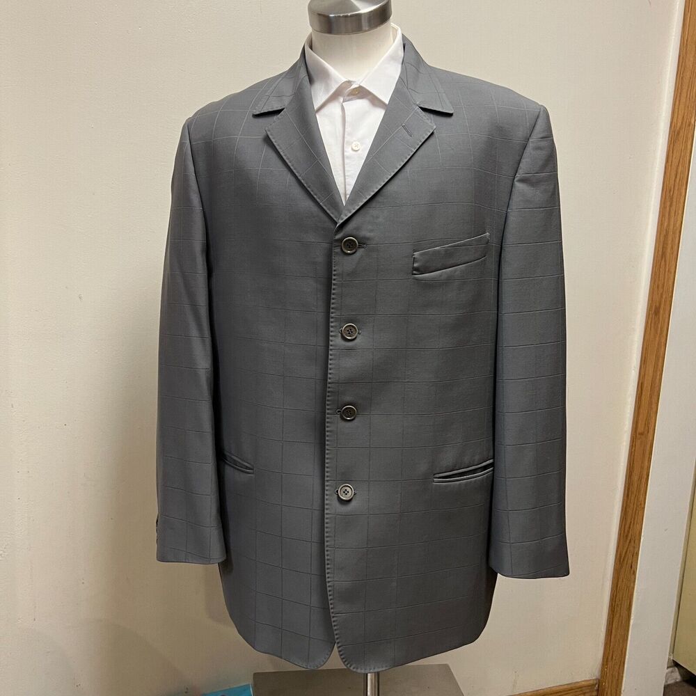 Canali Italy Mens Gray/Silver windowpane 100% Wool Sport Coat Blazer Size 42L